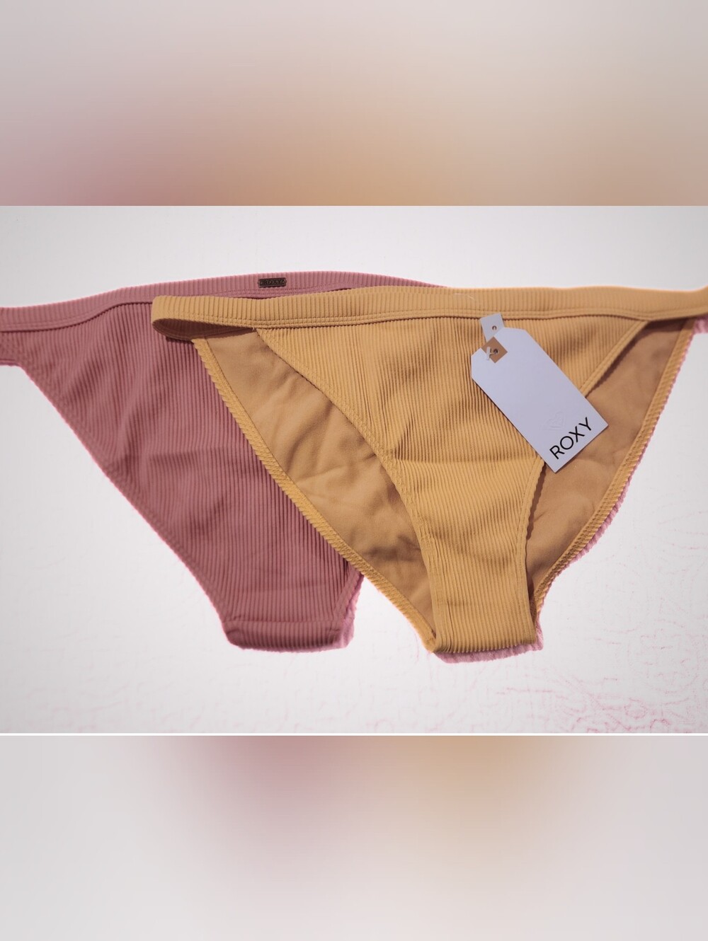 Roxy Ribbed Bikini Bottoms in Mustard and Mauve - Comfortable Swimwear